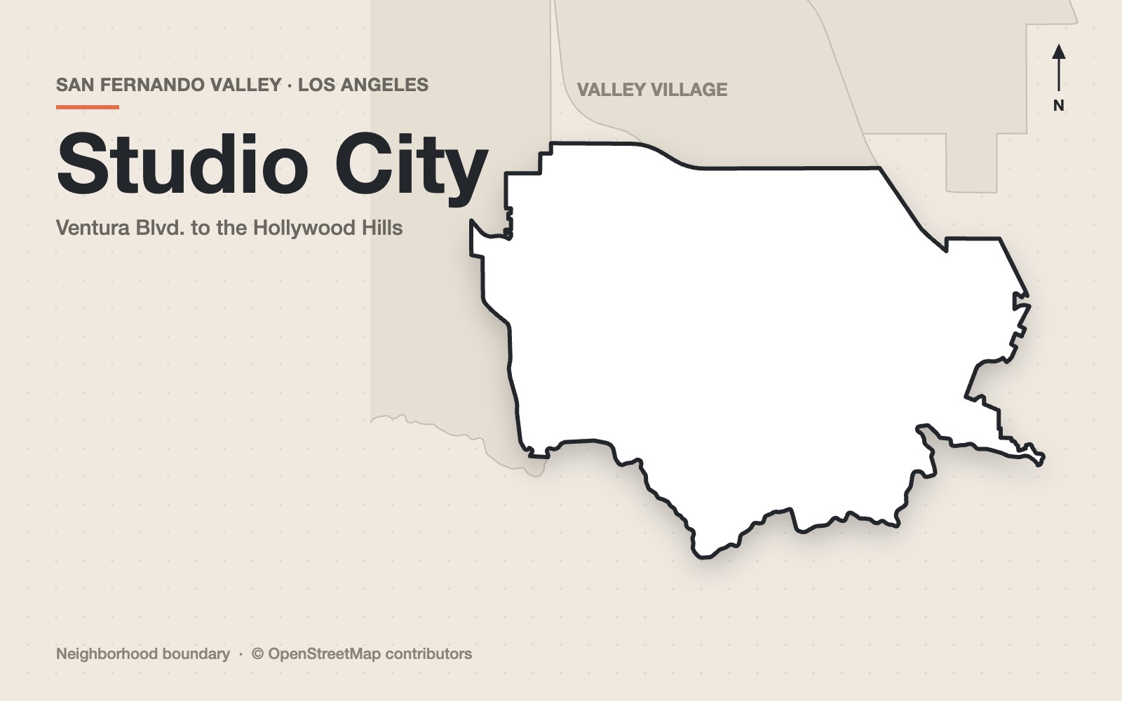 Map outline of the Studio City neighborhood in the San Fernando Valley, Los Angeles