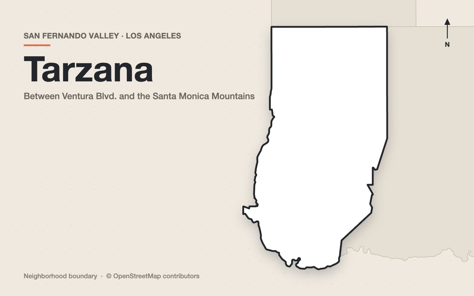 Map outline of the Tarzana neighborhood in the San Fernando Valley, Los Angeles