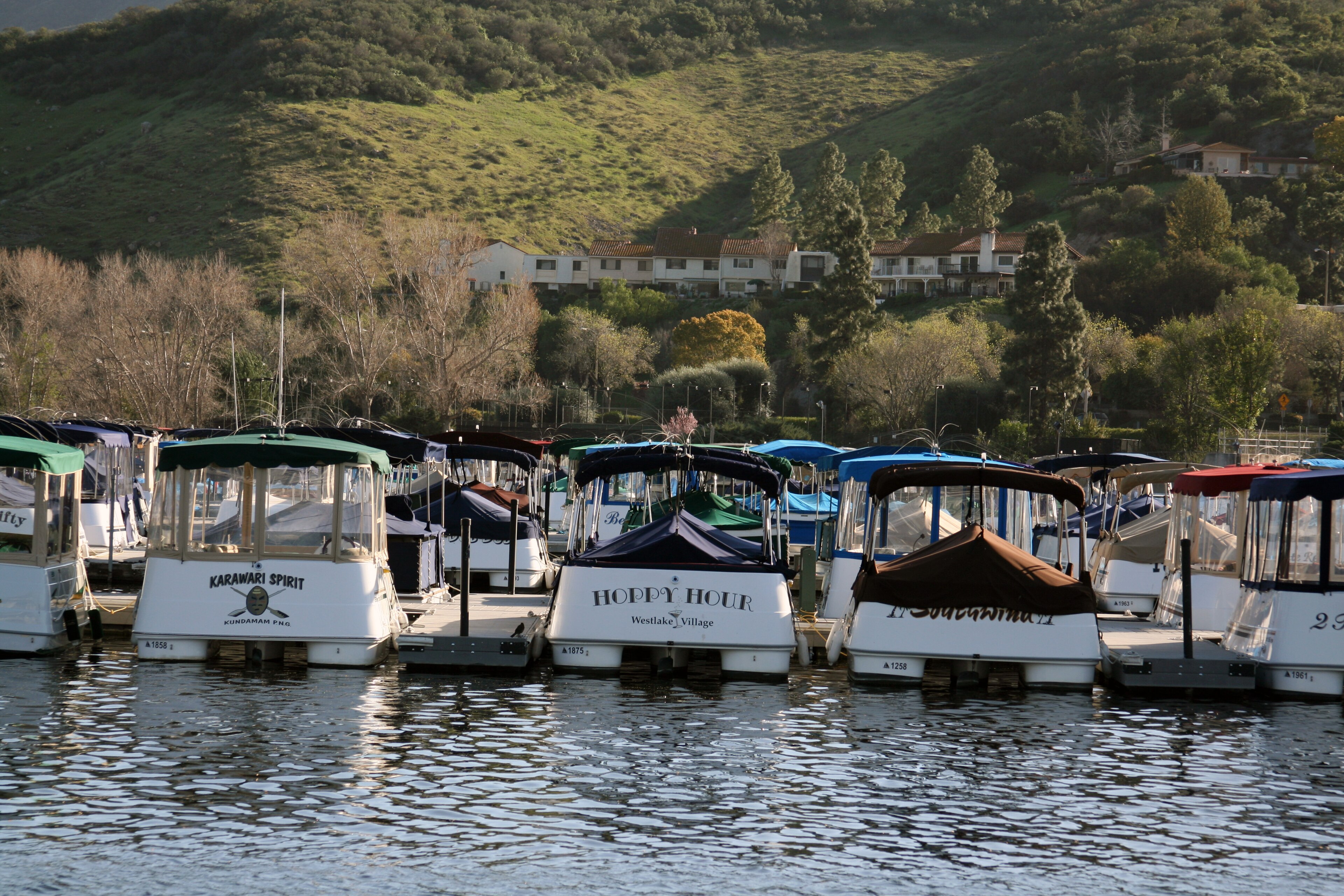 Westlake Lake in Westlake Village, California, with homes lining the shoreline