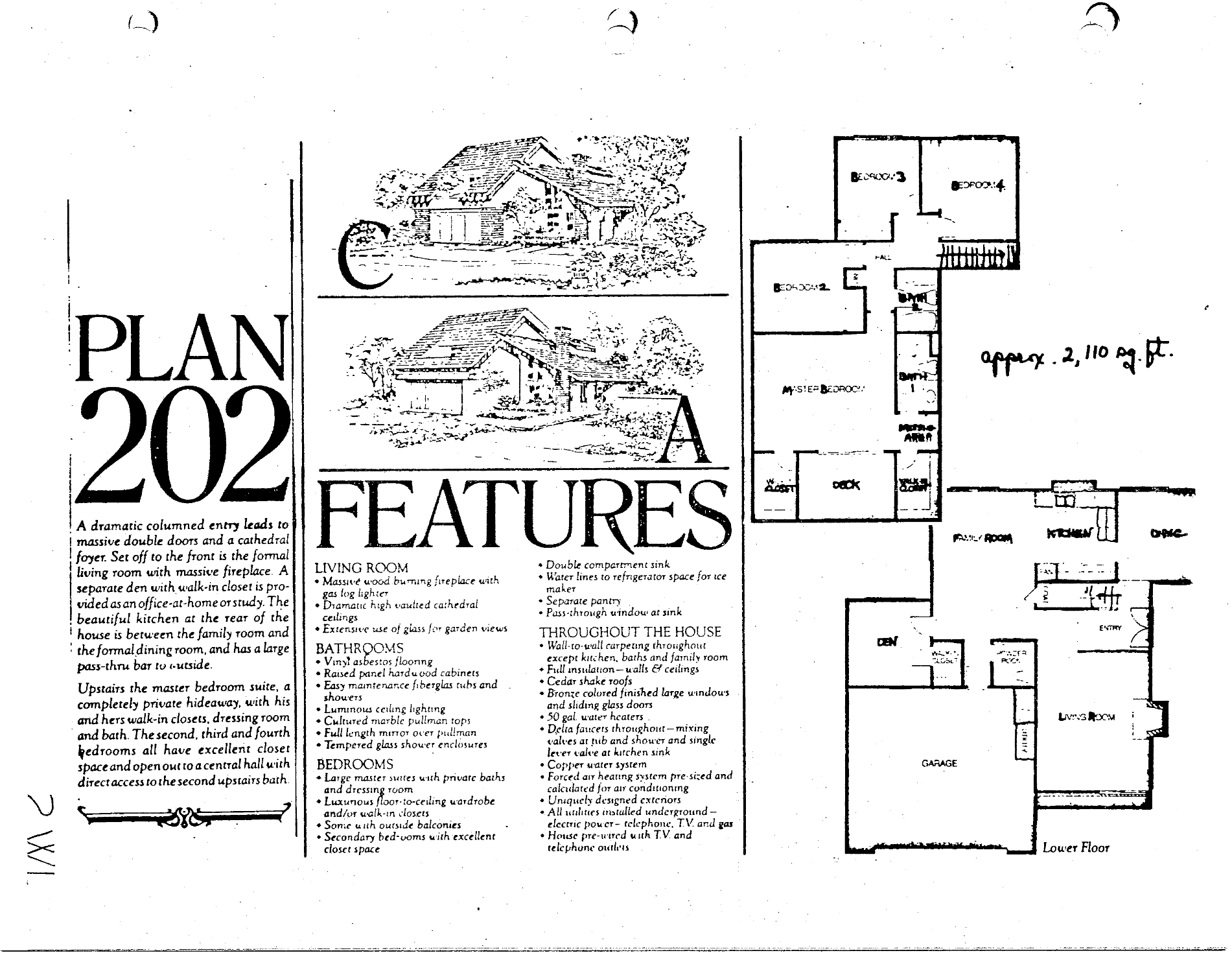Colony Park Plan 202 brochure page: two-story, 4 bedrooms up, den, approx. 2,110 sq ft