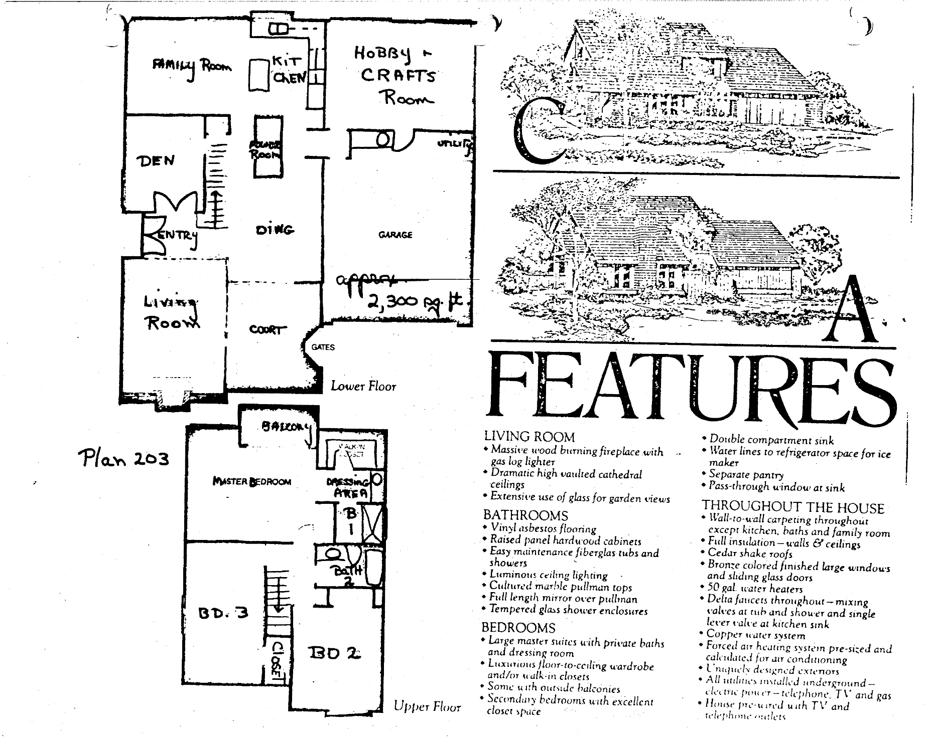 Colony Park Plan 203 brochure page: two-story, 3 bedrooms up, den, family room, hobby room, approx. 2,300 sq ft