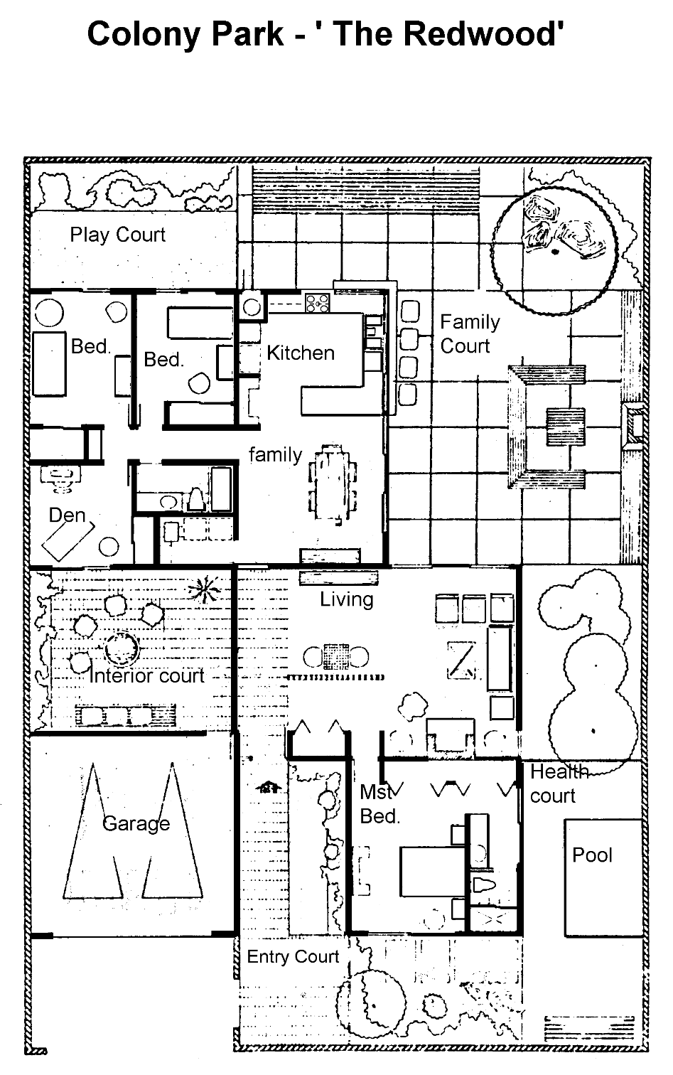 Colony Park Redwood floor plan, First Neighborhood Westlake Village: single-story, 3 bedrooms plus den, interior courtyard