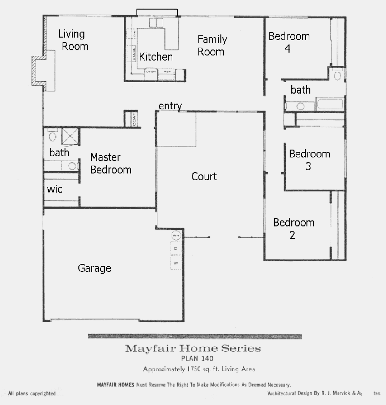 Mayfair Homes Plan 140 floor plan, Foxmoor Westlake Village: single-story, 4 bedrooms, about 1,750 sq ft, central court