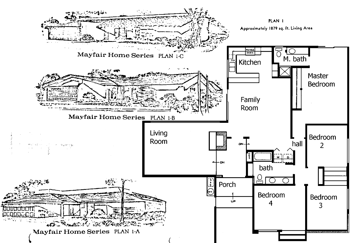 Mayfair Homes Plan 1 floor plan, Foxmoor Westlake Village: single-story, 4 bedrooms, about 1,879 sq ft