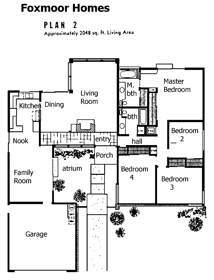 Foxmoor Homes Plan 2 floor plan, Westlake Village: single-story, 4 bedrooms, atrium, about 2,048 sq ft