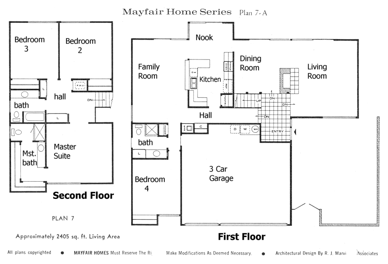 Mayfair Homes Plan 7 floor plan, Foxmoor Westlake Village: two-story, 4 bedrooms, about 2,405 sq ft