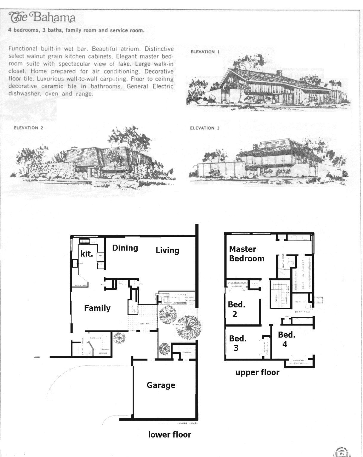 Westlake Island Bahama floor plan: two-story, 4 bedrooms, 3 baths, family room, three elevations