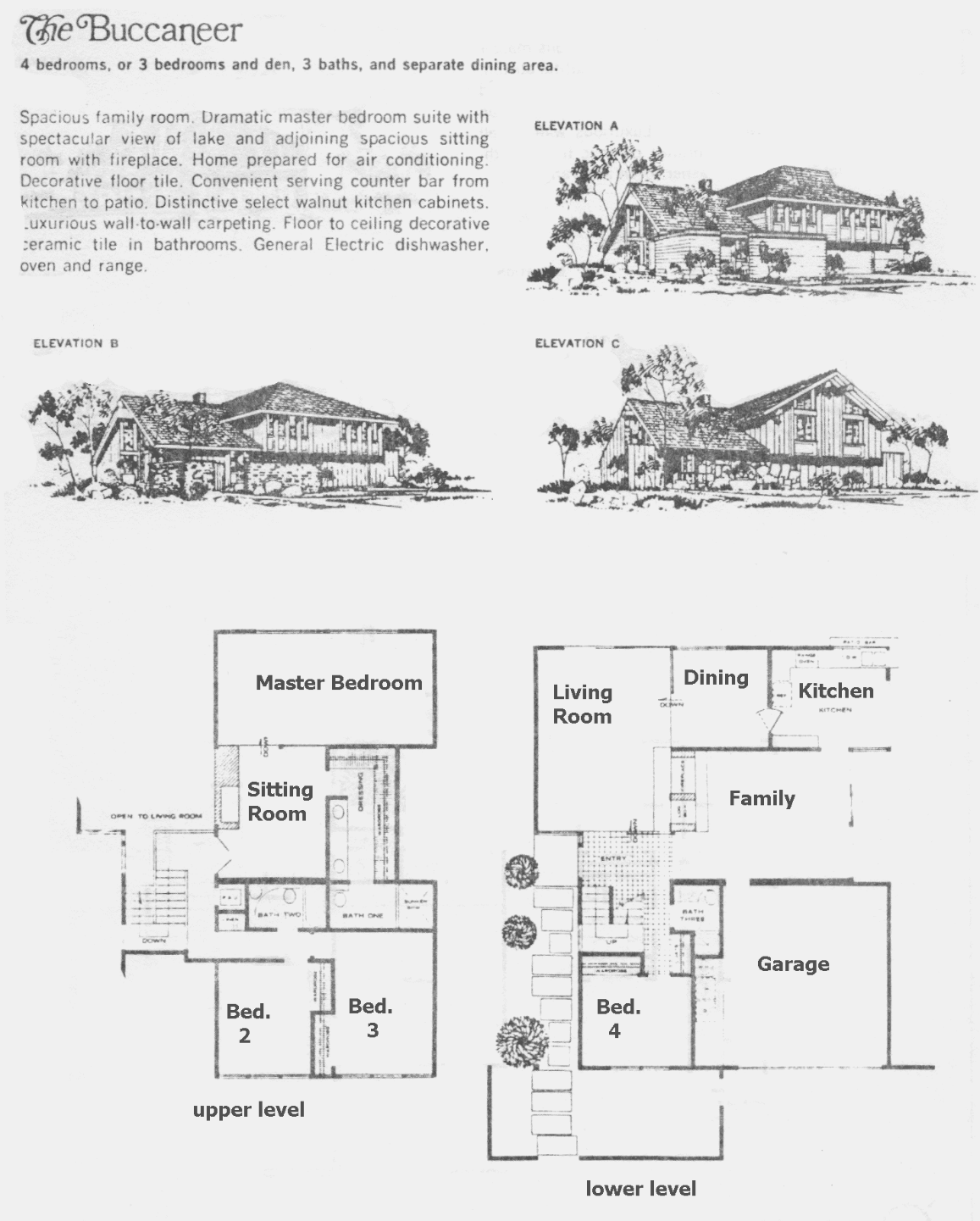 Westlake Island Buccaneer floor plan: two-story, 4 bedrooms or 3 plus den, 3 baths