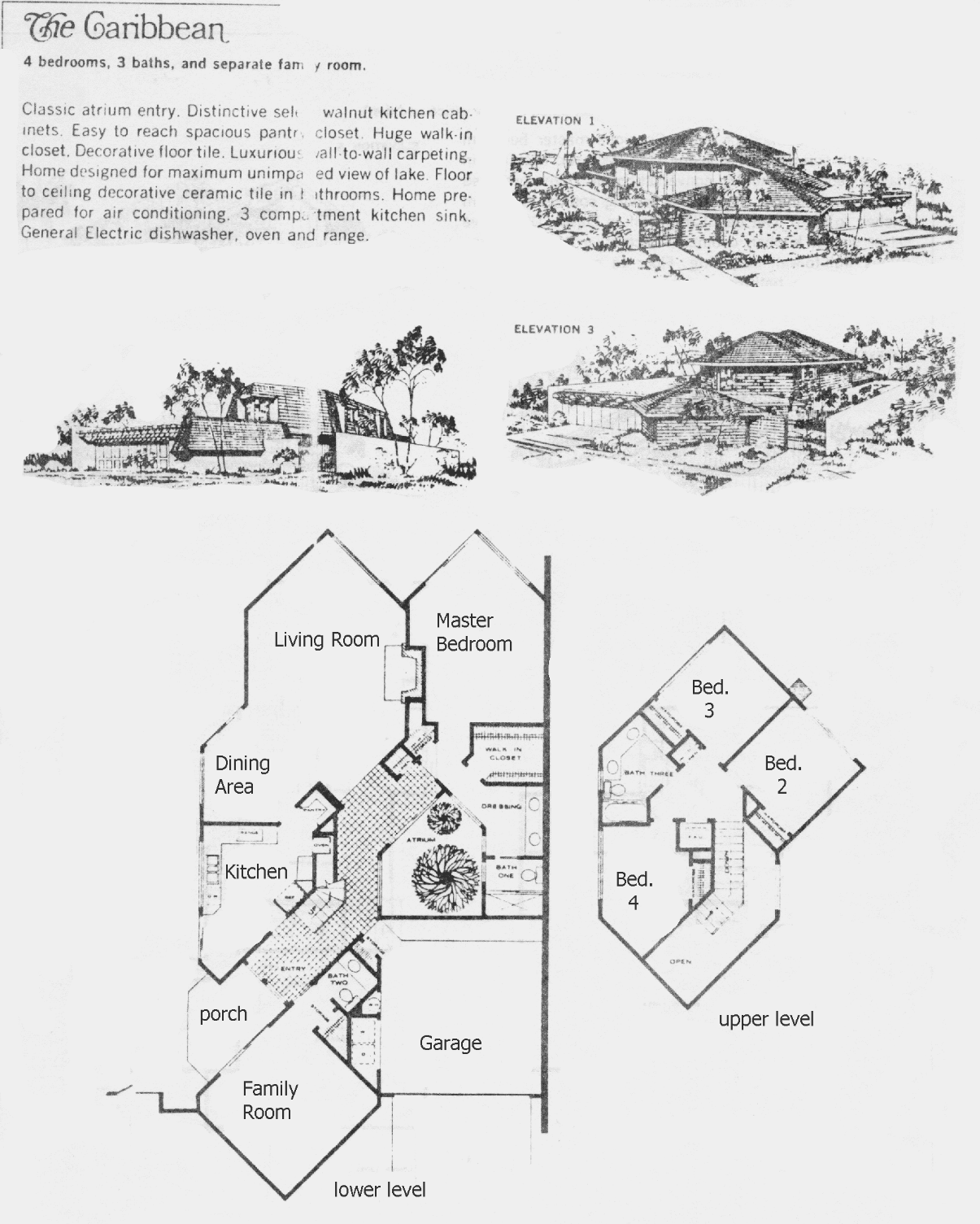Westlake Island Caribbean floor plan: single-story, 4 bedrooms, 3 baths, atrium entry