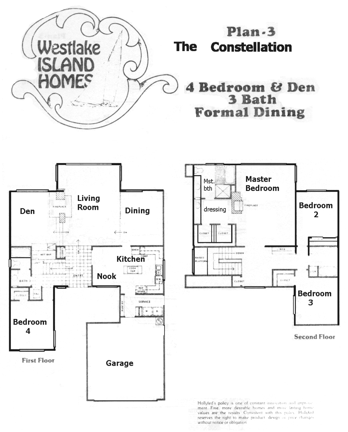 Westlake Island Homes Plan 3 The Constellation floor plan: 4 bedrooms and den, 3 baths