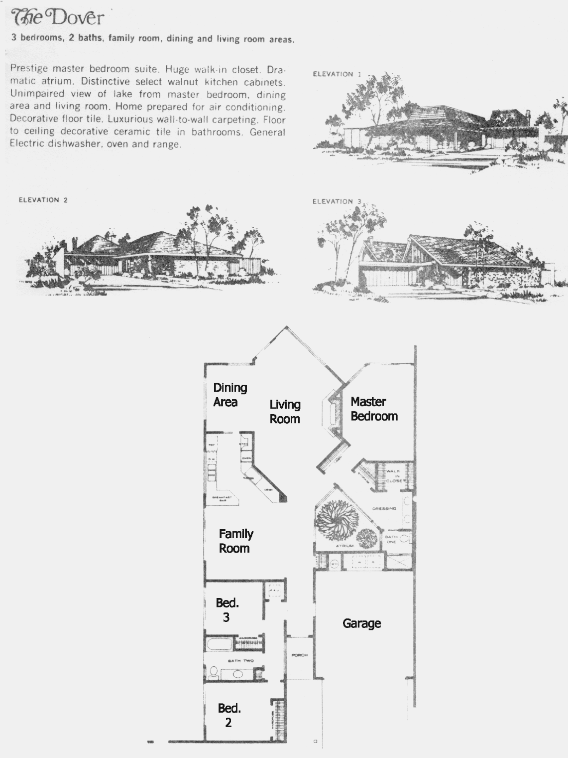Westlake Island Dover floor plan: single-story, 3 bedrooms, 2 baths, family room, atrium