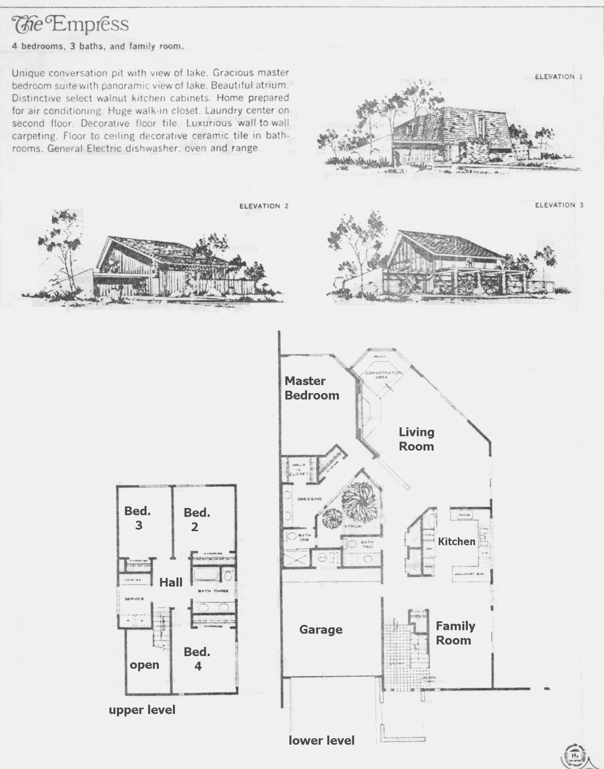 Westlake Island Empress floor plan: 4 bedrooms, 3 baths, family room, conversation pit