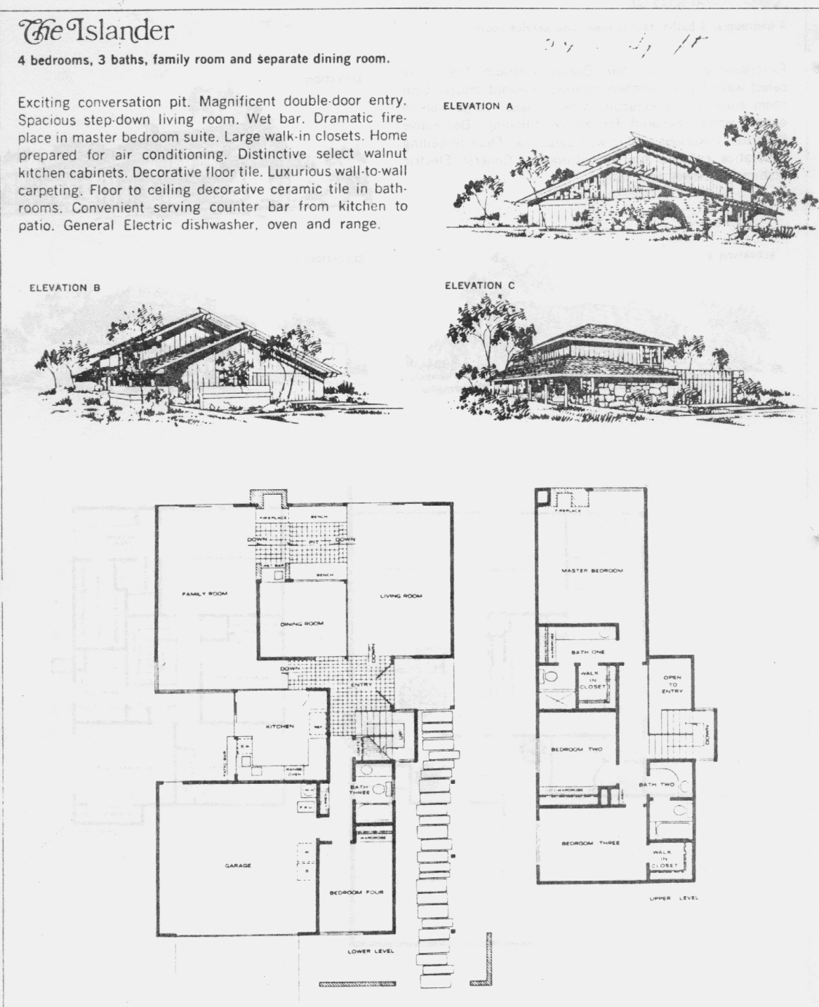 Westlake Island Islander floor plan: two-story, 4 bedrooms, 3 baths, step-down living room