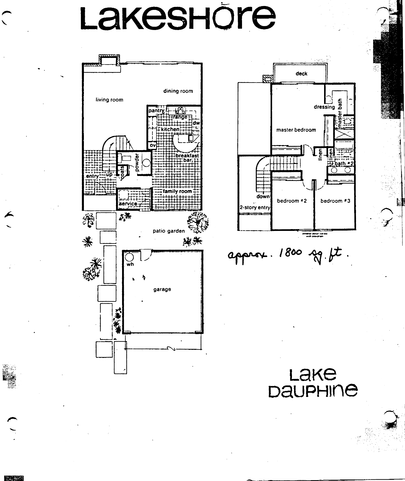 Lakeshore Lake Dauphine floor plan, Westlake Village: two-story, 3 bedrooms, family room, about 1,800 sq ft