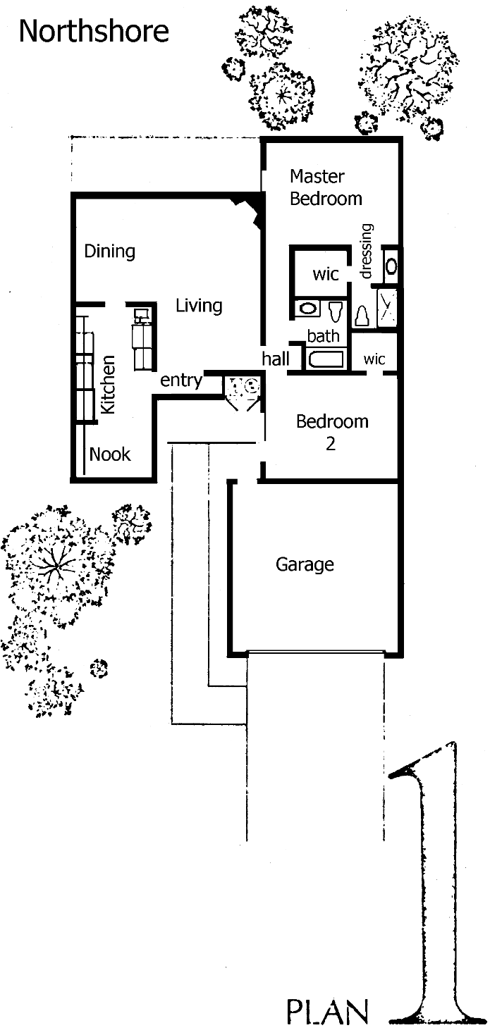 Northshore Plan 1 floor plan, Westlake Village: single-story, 2 bedrooms