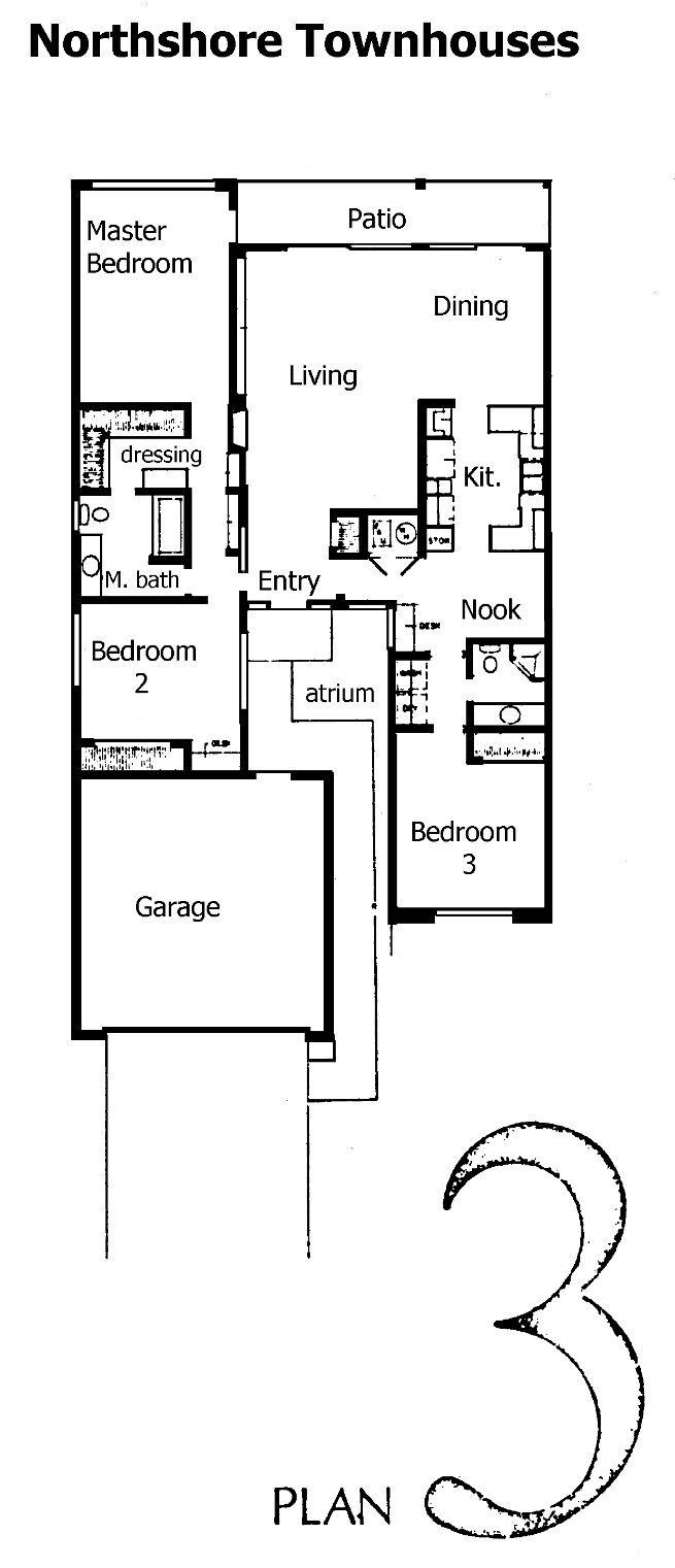 Northshore Townhouses Plan 3 floor plan, Westlake Village: 3 bedrooms, atrium, patio
