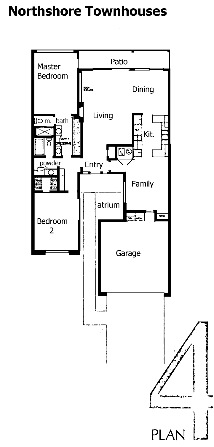 Northshore Townhouses Plan 4 floor plan, Westlake Village: 2 bedrooms, family room, atrium