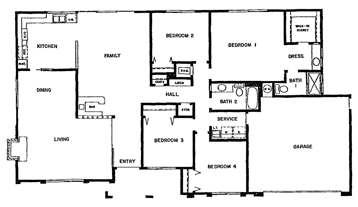 Southshore Hills Plan 18 The Cherrywood floor plan: single-story, 4 bedrooms, 2 baths, garden kitchen, wet bar