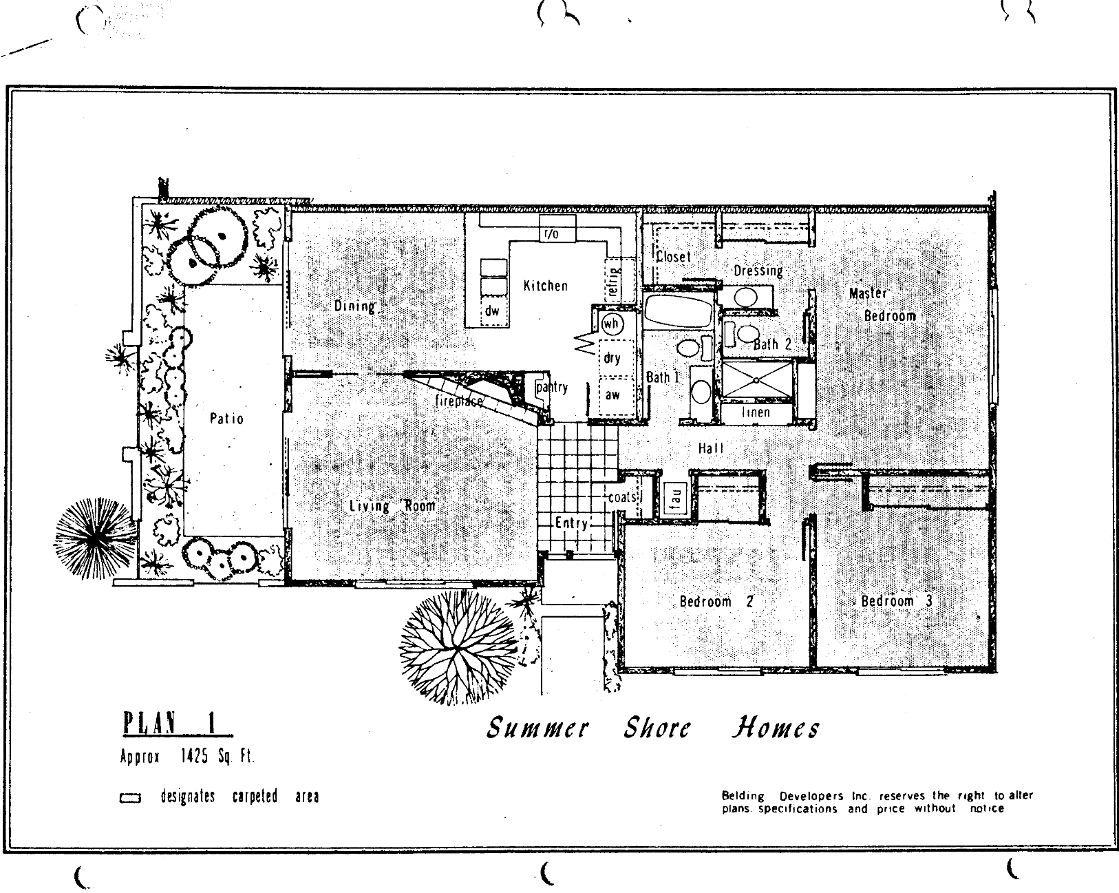 Summer Shore Homes Plan 1 floor plan, Westlake Village: single story, three bedrooms, two baths, walled patio