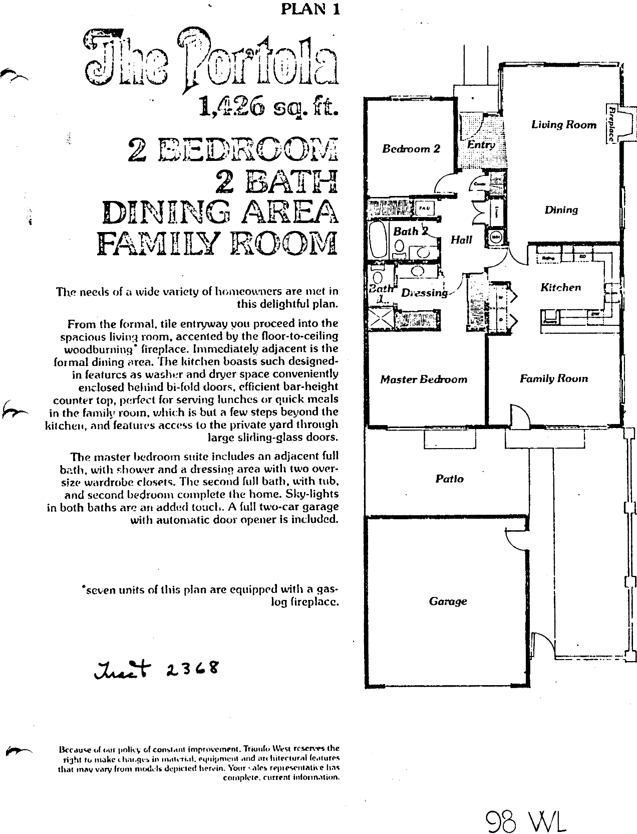 Triunfo West Plan 1 The Portola floor plan, Westlake Village: single story, 2 bedrooms, 2 baths
