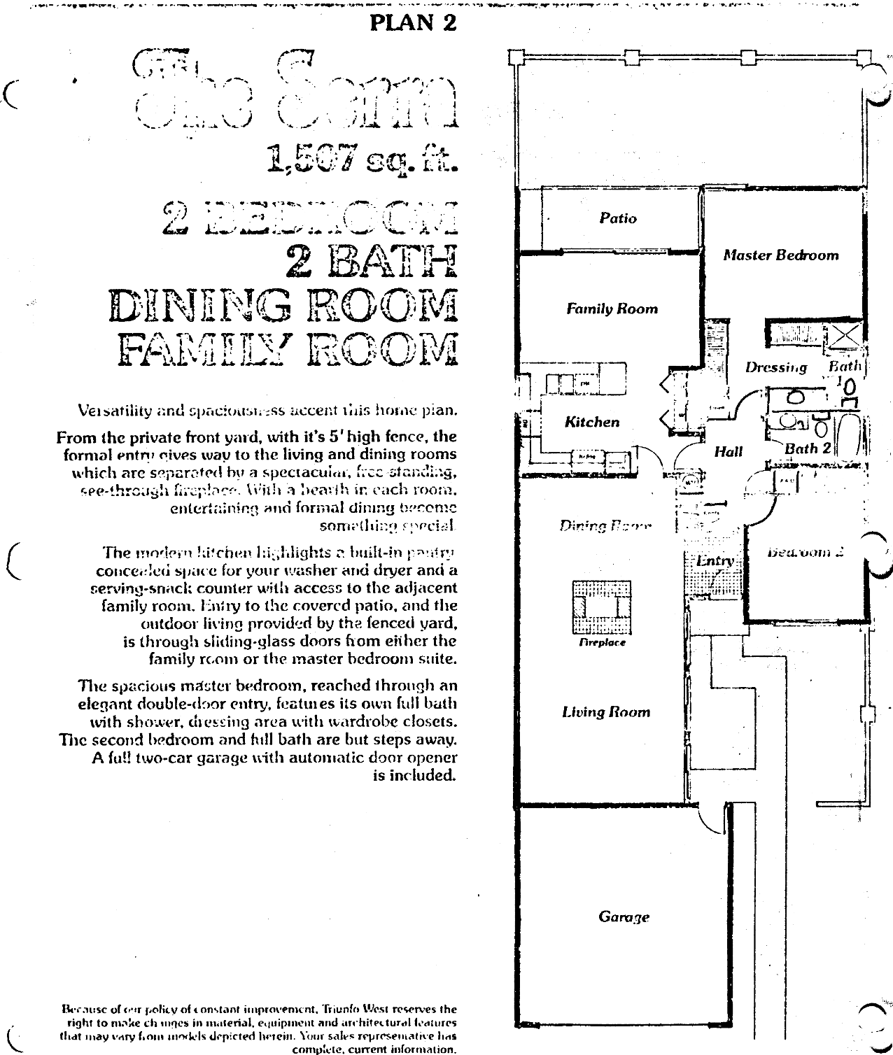 Triunfo West Plan 2 The Serra floor plan, Westlake Village: single story, 2 bedrooms, see-through fireplace