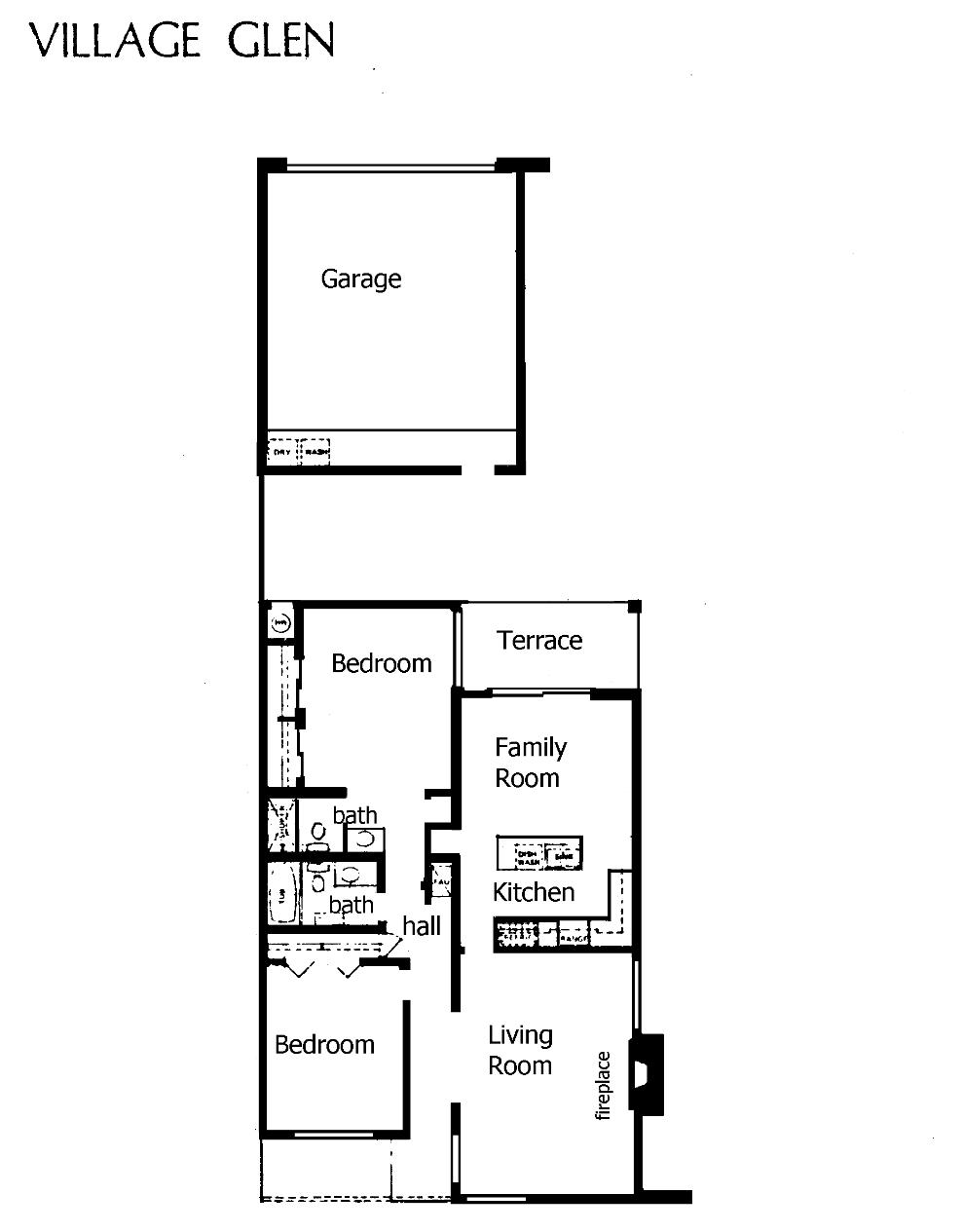 Village Glen floor plan, Westlake Village: single story, two bedrooms, two baths, attached garage, terrace off the family room