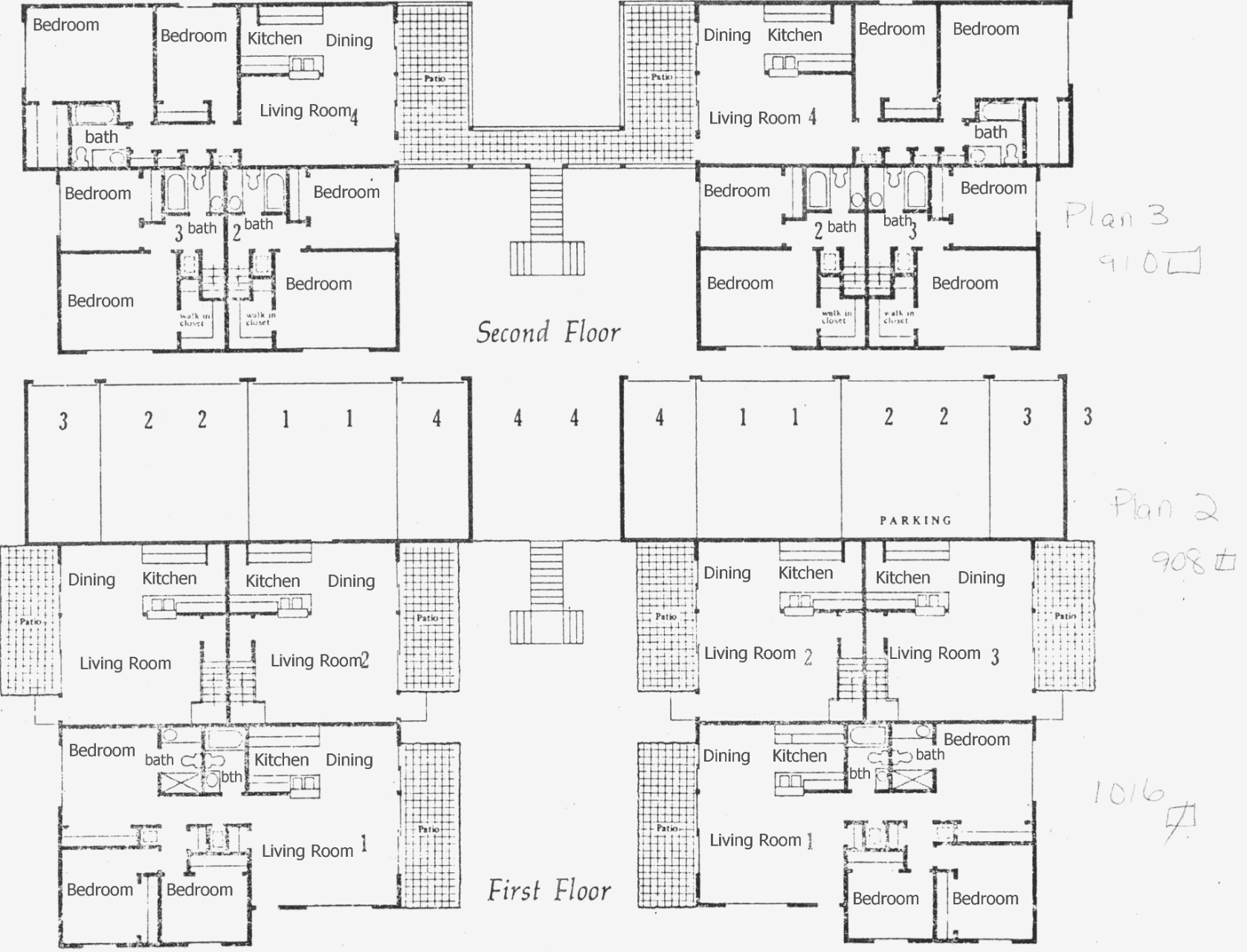 Village Green building plan, Westlake Village: first and second floor showing four unit types around a central parking court