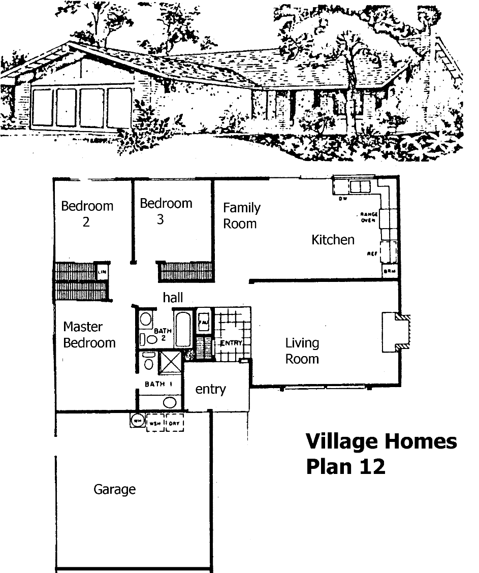 Village Homes Plan 12 floor plan, Westlake Village: single-story, 3 bedrooms, with front elevation sketch