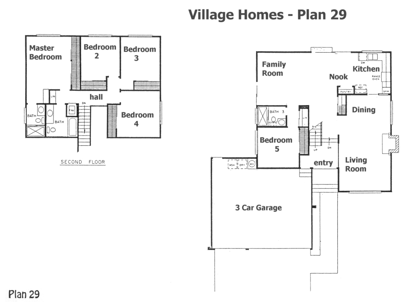 Village Homes Plan 29 floor plan, Westlake Village: two-story, 5 bedrooms, 3-car garage