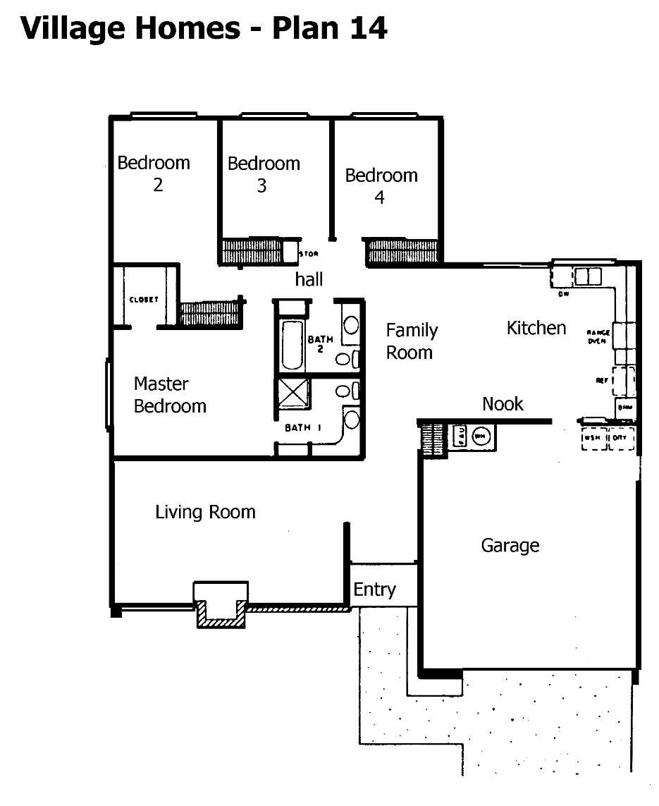 Village Homes Plan 14 floor plan, Westlake Village: single-story, 4 bedrooms