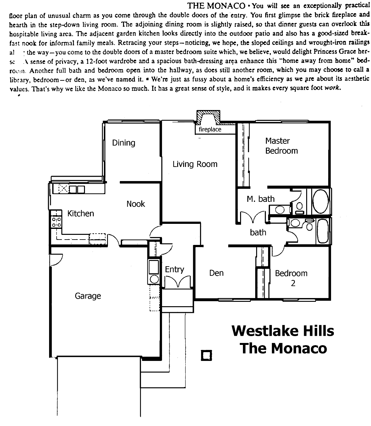 Westlake Hills The Monaco floor plan: single-story, 2 bedrooms plus den, 2 baths, step-down living room