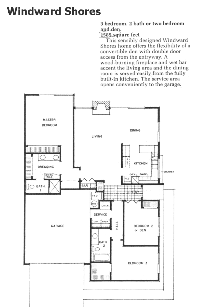 Windward Shores Plan 2 floor plan, Westlake Village: single-story, 3 bedrooms or 2 plus den, 2 baths, 1,585 sq ft