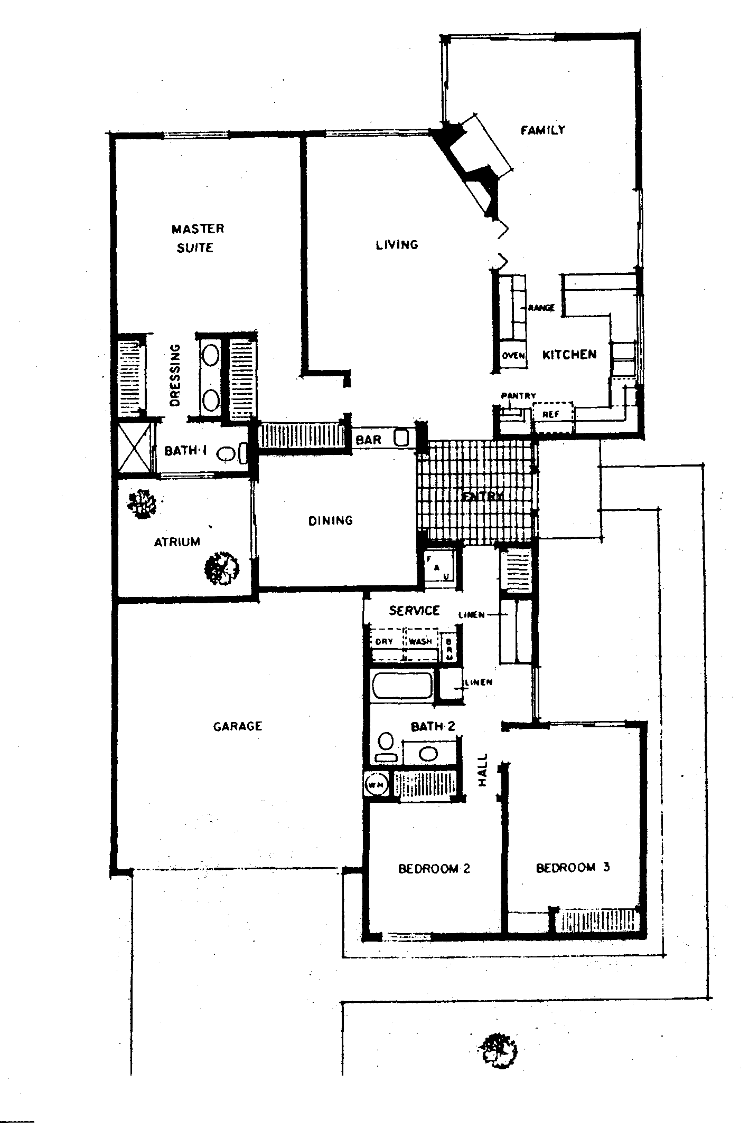 Windward Shores Plan 3 floor plan, Westlake Village: single-story, 3 bedrooms, 2 baths, atrium, family room
