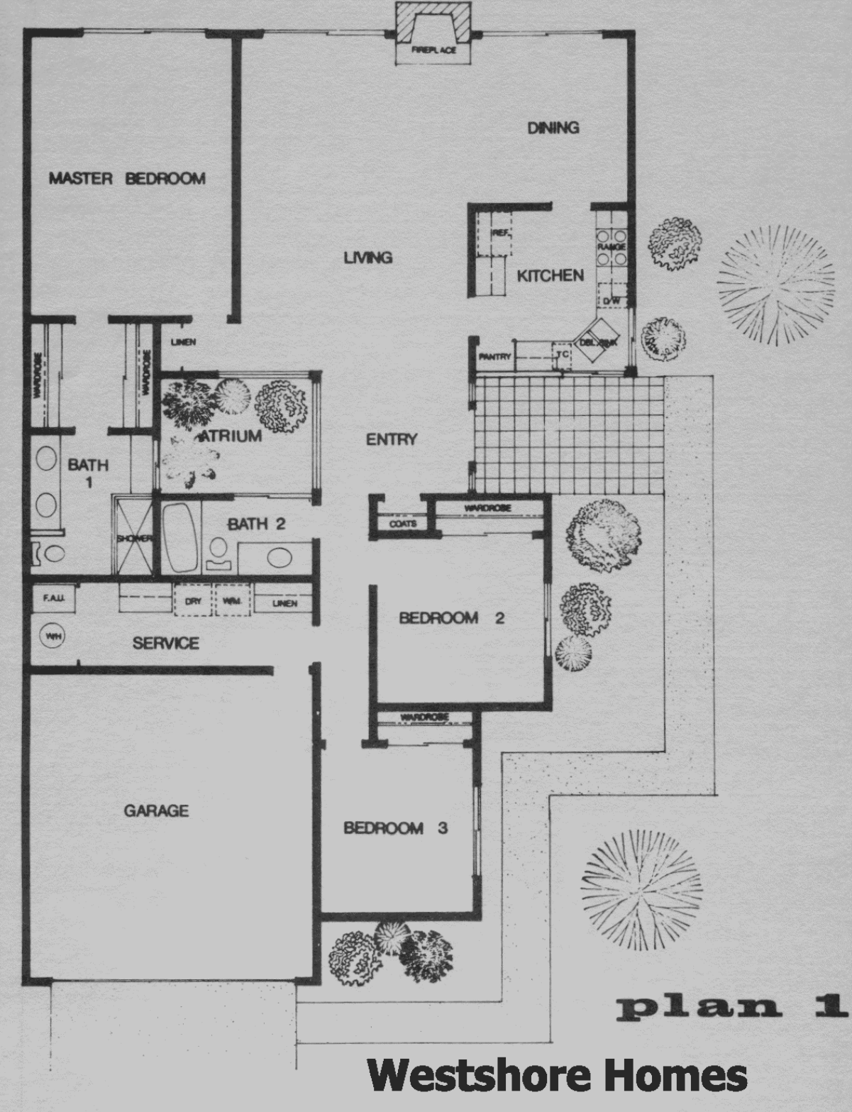 Westshore Homes Plan 1 floor plan, Westlake Village: single story, 3 bedrooms, interior atrium