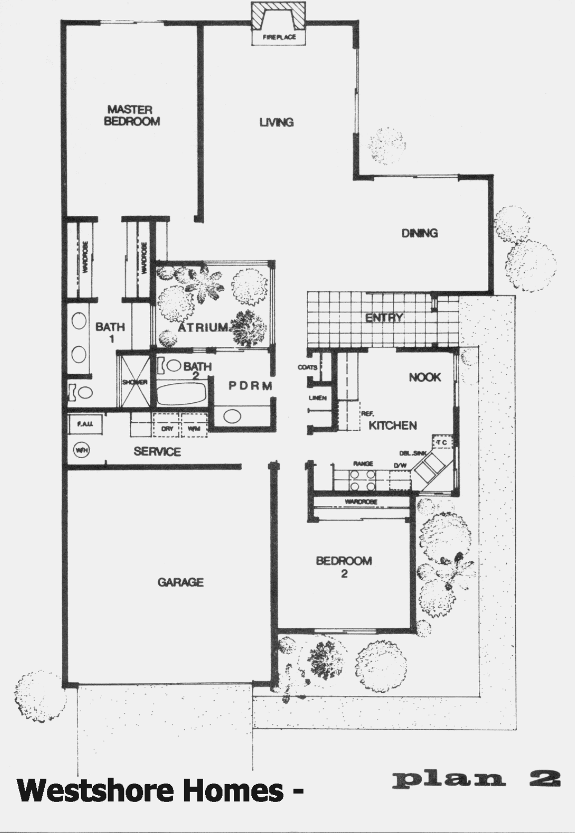 Westshore Homes Plan 2 floor plan, Westlake Village: single story, 2 bedrooms plus powder room, atrium
