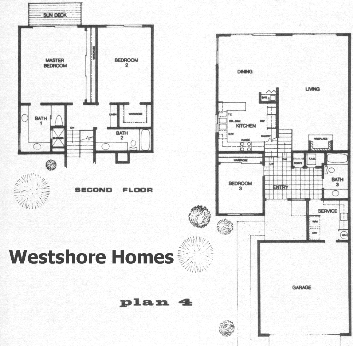 Westshore Homes Plan 4 floor plan, Westlake Village: two story, 3 bedrooms, bedroom down, sun deck