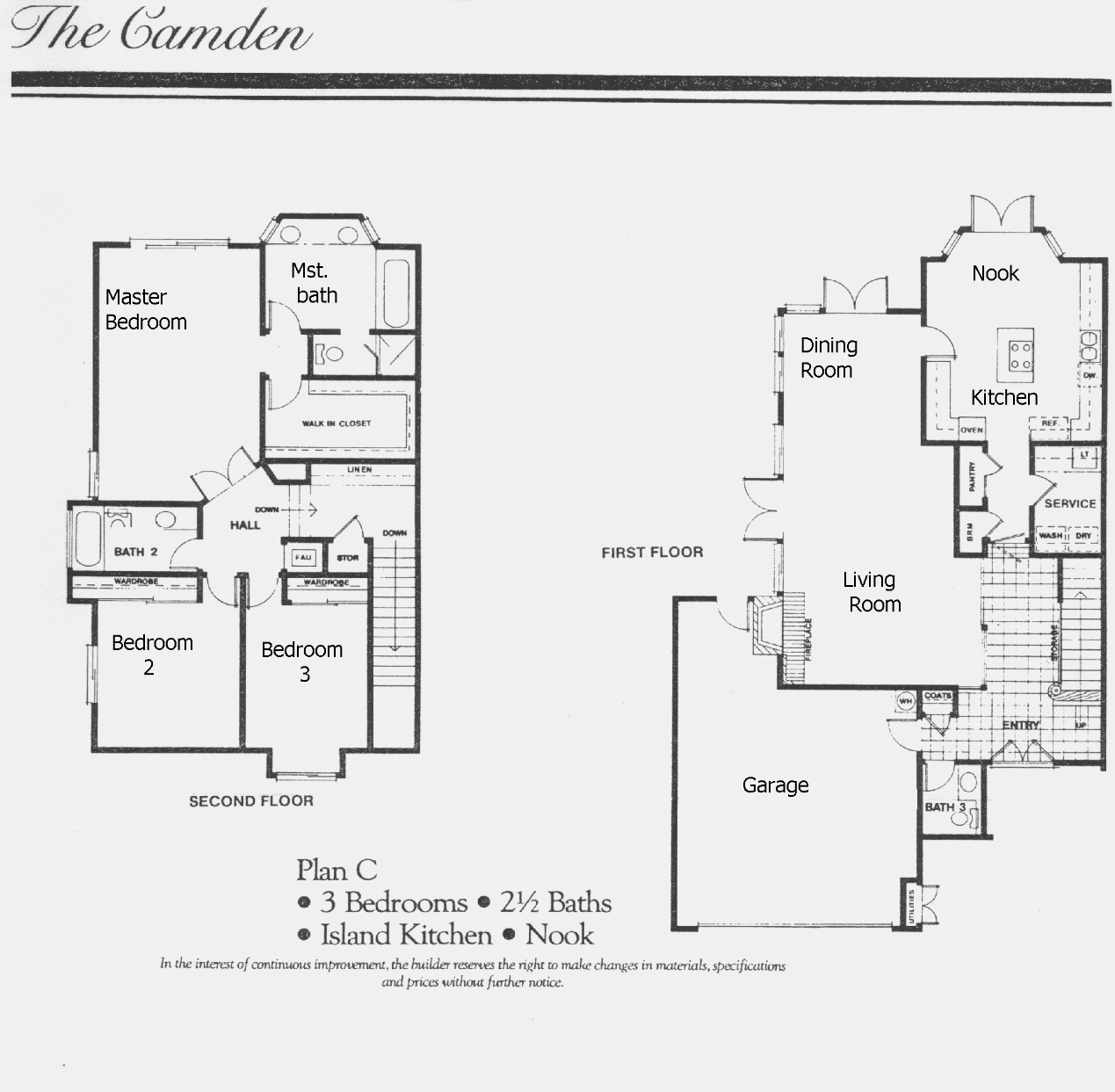 Stoneybrook The Camden Plan C floor plan, Westlake Village: two story, three bedrooms, two and a half baths, island kitchen