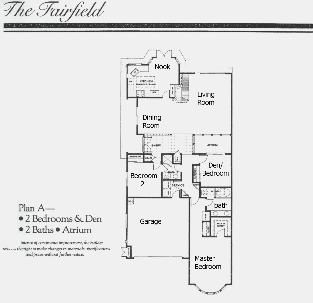 Stoneybrook The Fairfield Plan A floor plan, Westlake Village: single story, two bedrooms and a den, two baths, interior atrium