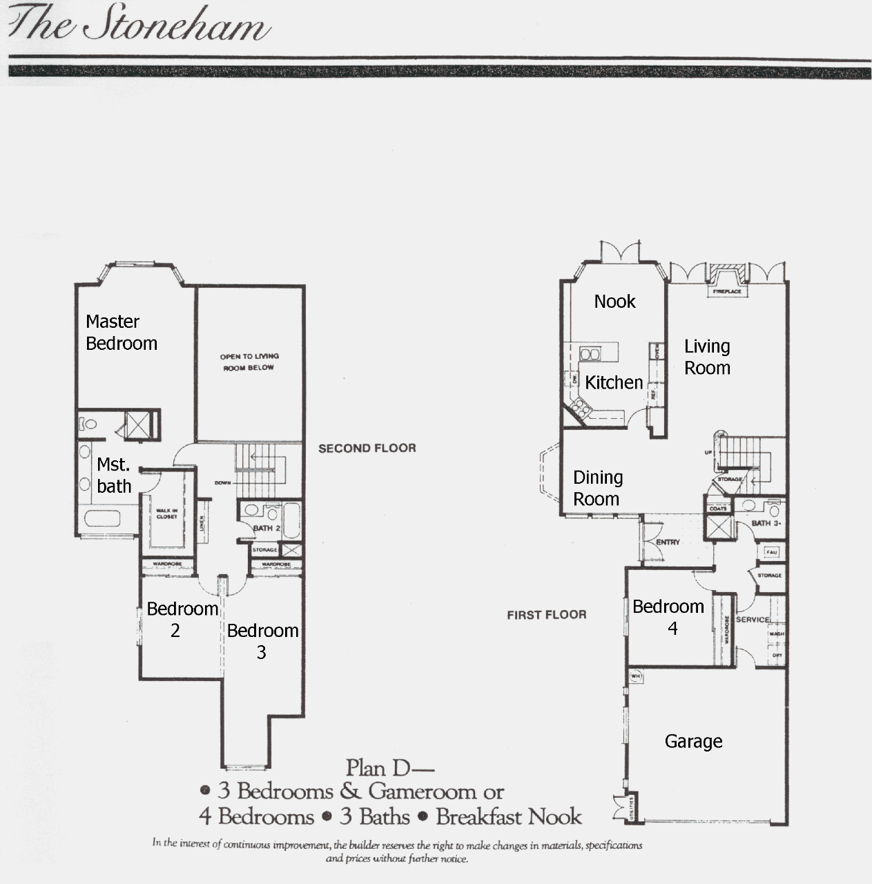 Stoneybrook The Stoneham Plan D floor plan, Westlake Village: two story, three bedrooms and a gameroom or four bedrooms, three baths, two-storey living room