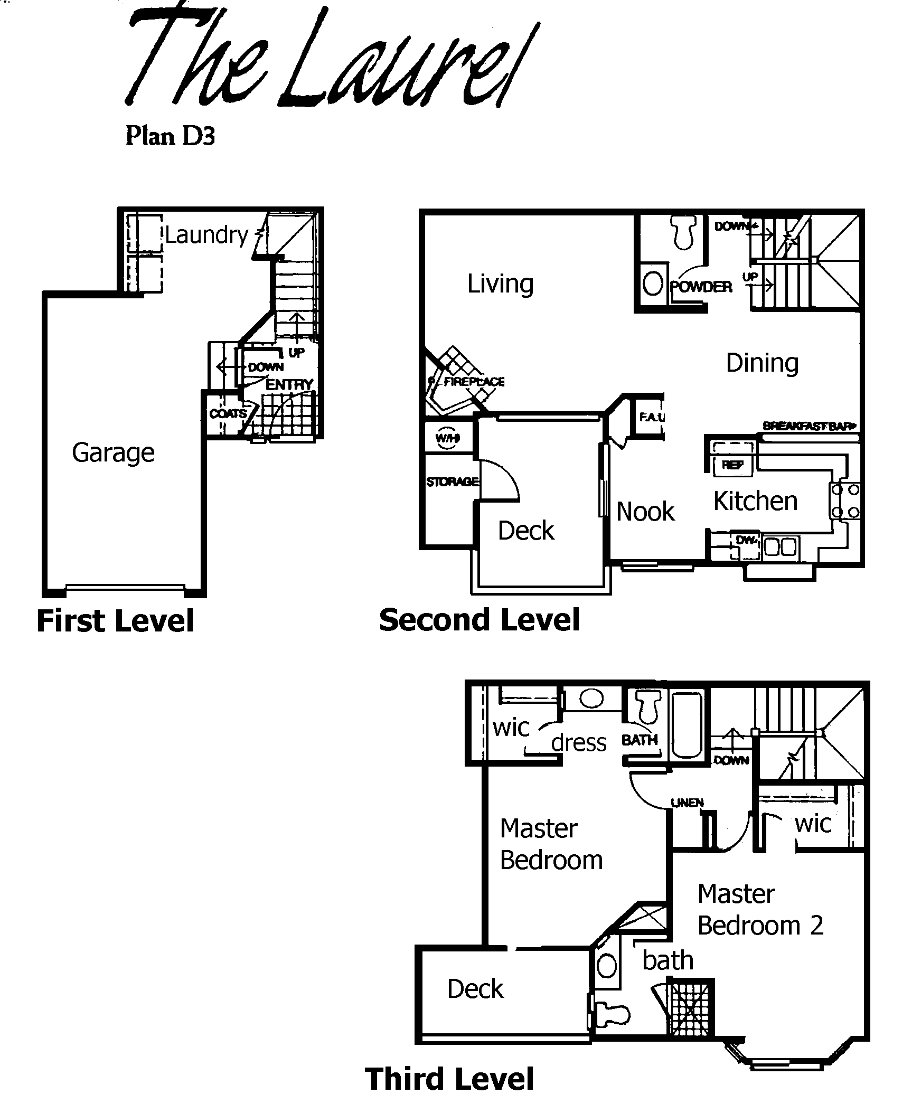 Shadow Ridge The Laurel Plan D3 floor plan, Oak Park: three levels, garage below, two primary suites above