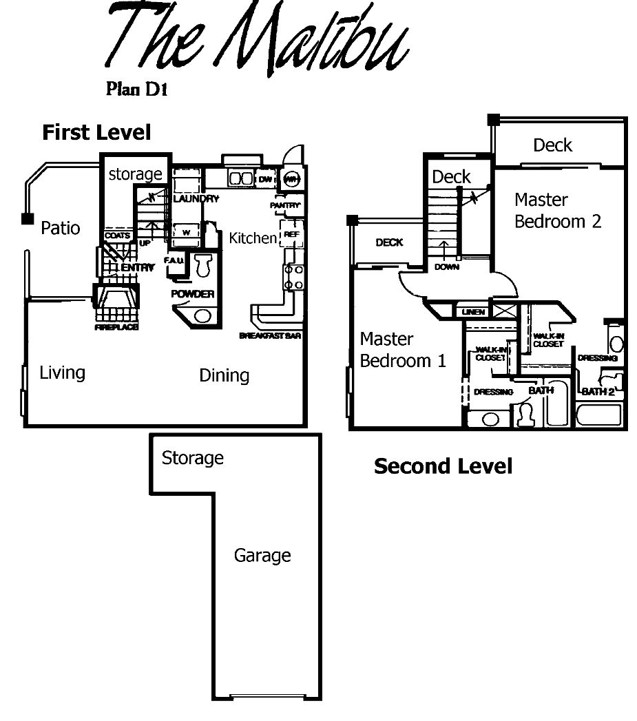 Shadow Ridge The Malibu Plan D1 floor plan, Oak Park: two levels over a garage, two primary suites