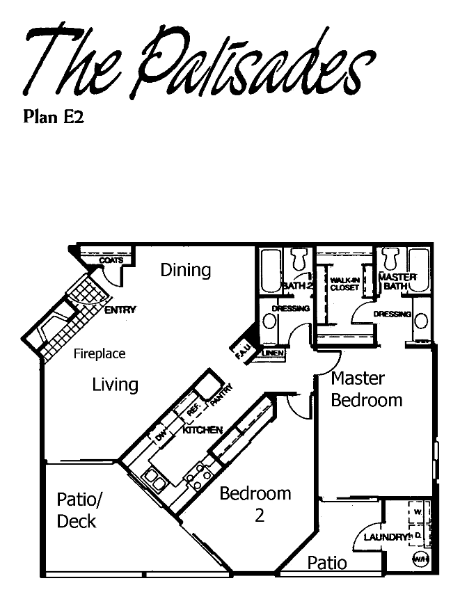 Shadow Ridge The Palisades Plan E2 floor plan, Oak Park: single level, two bedrooms, two baths, two outdoor spaces