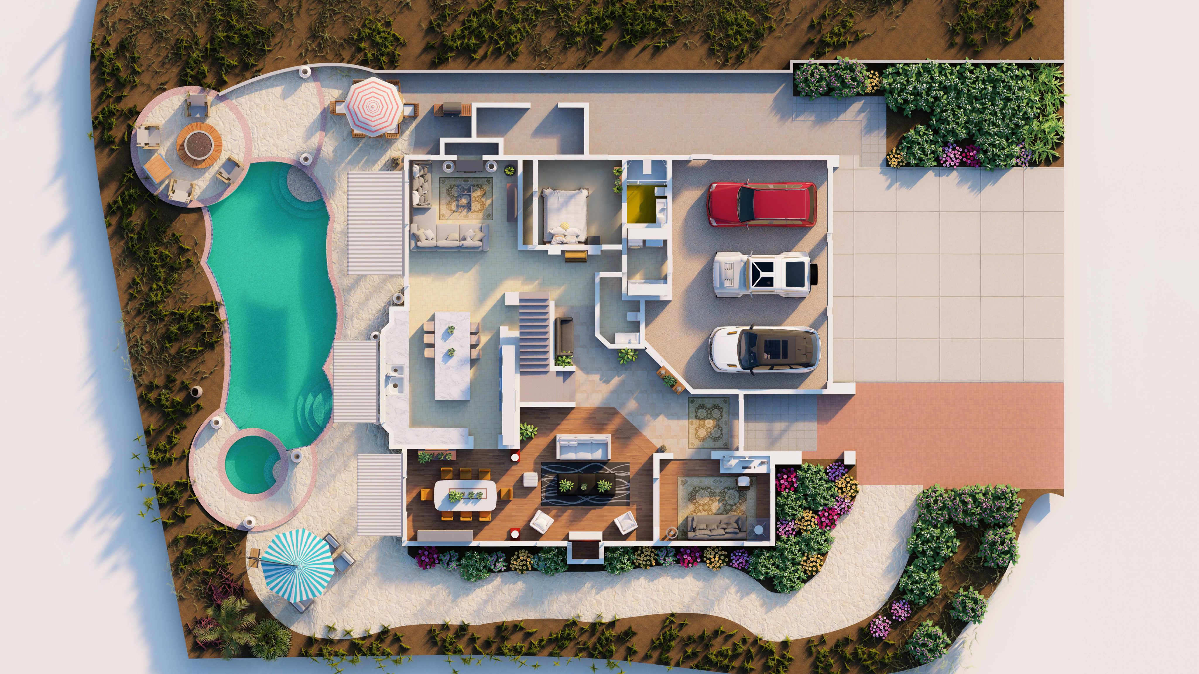 Overhead 3D site plan rendering