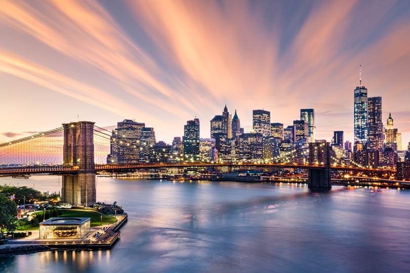 Brooklyn Bridge at sunset viewed from Brooklyn Bridge Park at sunset