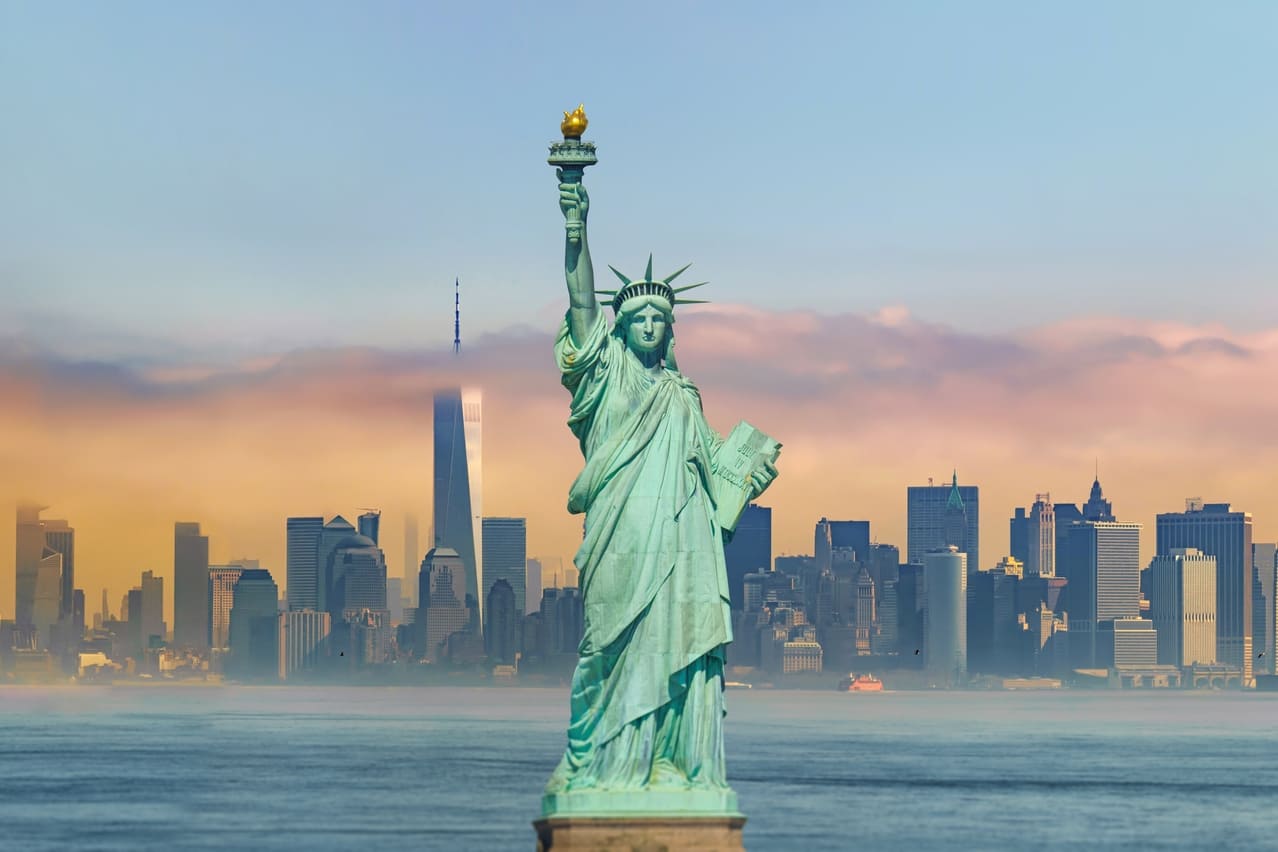 Panorama view of New York city eith statue of liberty tomorrow morning at sunrise. View from Staten Island. Big art Panorama.