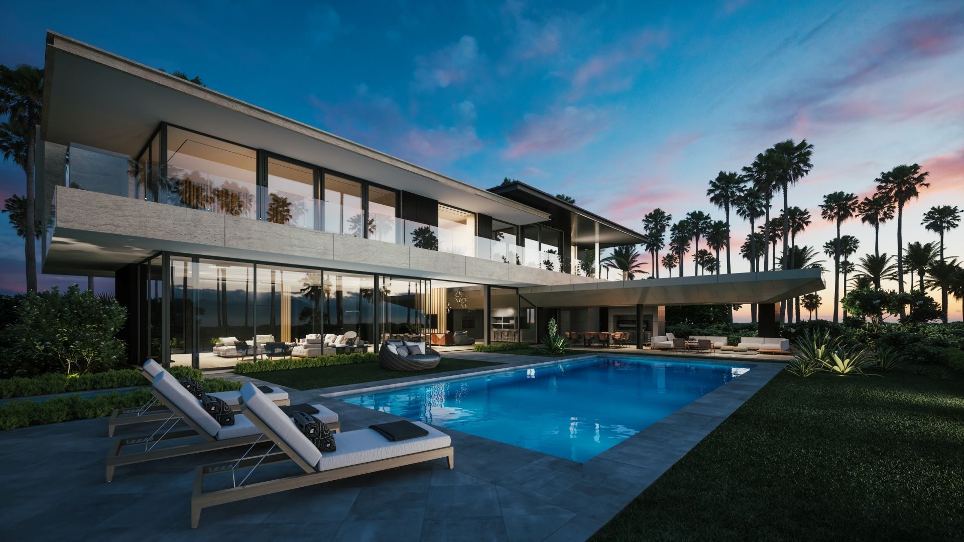 Modern private house at the dusk. 3d illustration