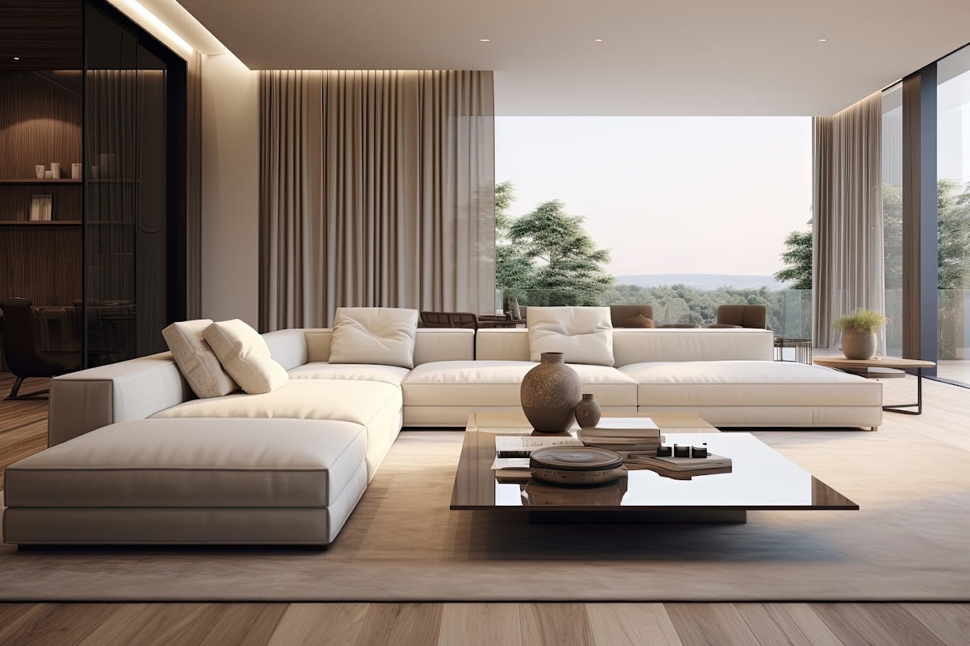 Interior of modern living room with wooden floor, panoramic window and sofa