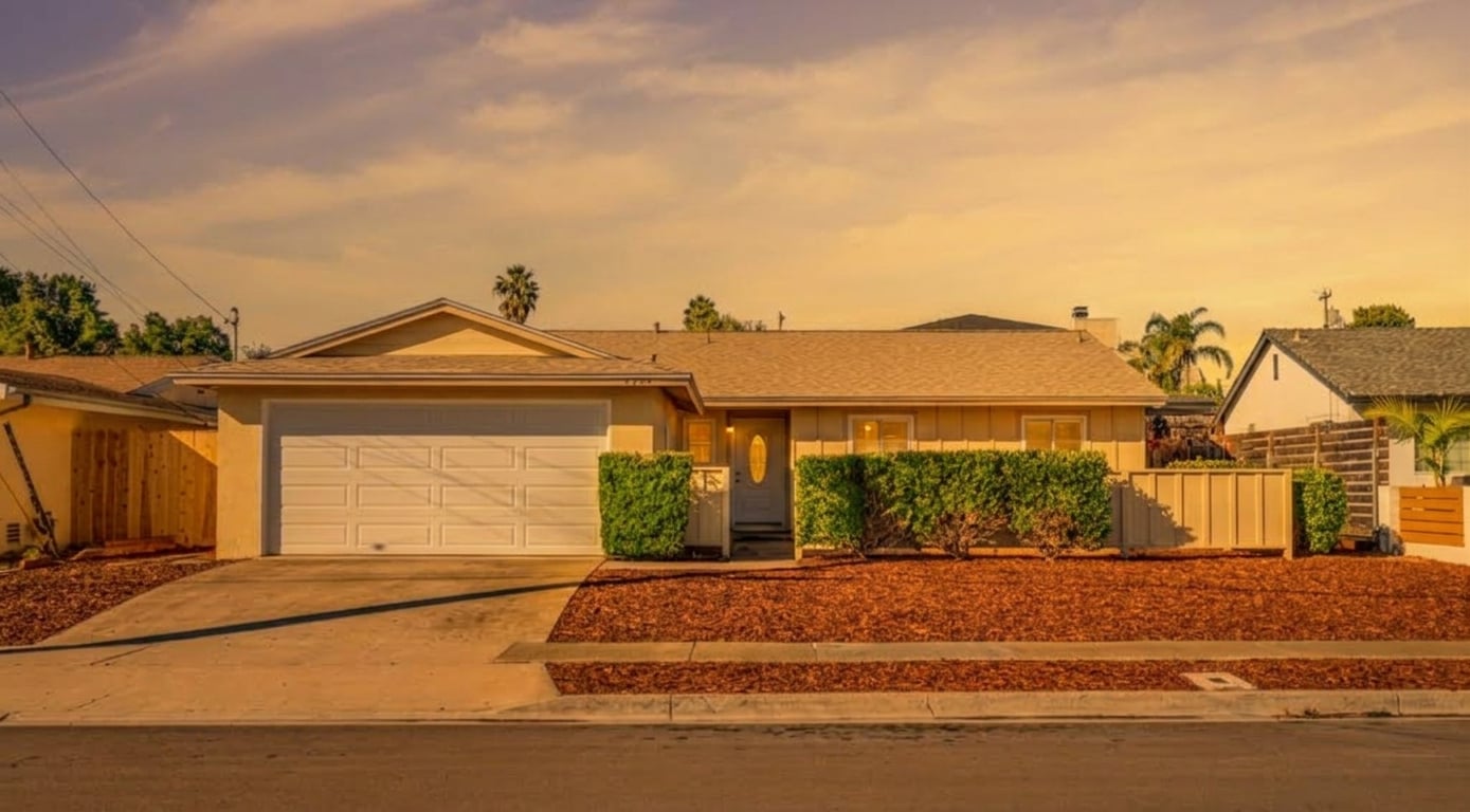 Single-story mid-century home in Clairemont, San Diego, at golden hour.