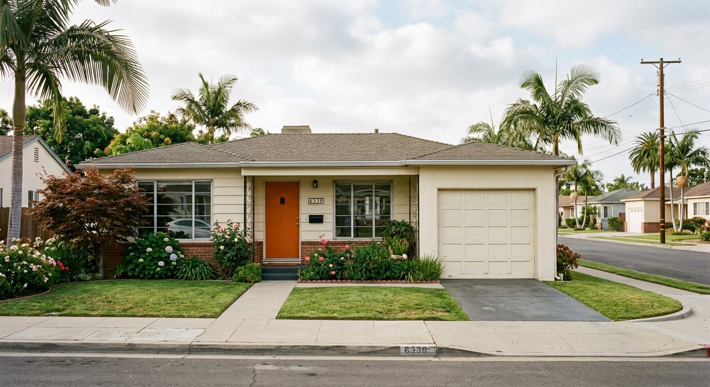 Single-story mid-century home in Clairemont Mesa with an attached garage on a quiet residential street