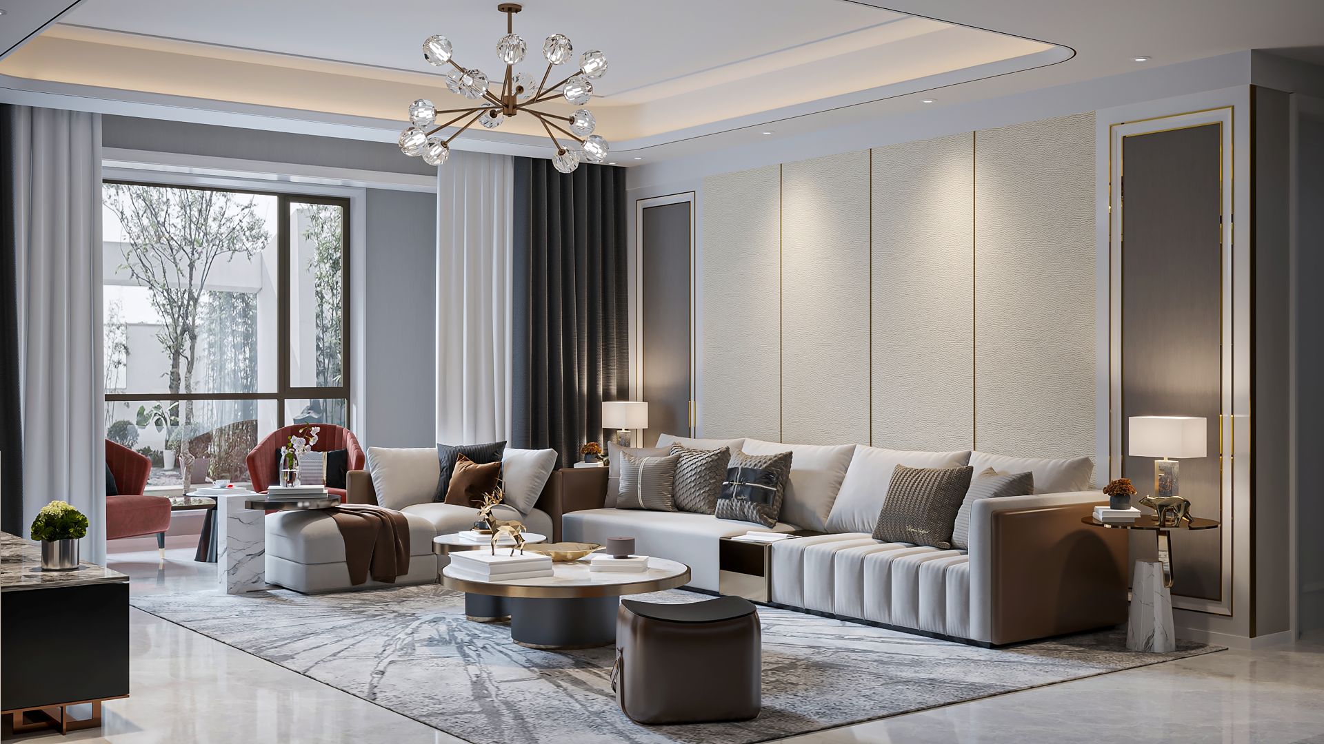 Sophisticated Lounge with Nesting Marble Coffee Tables